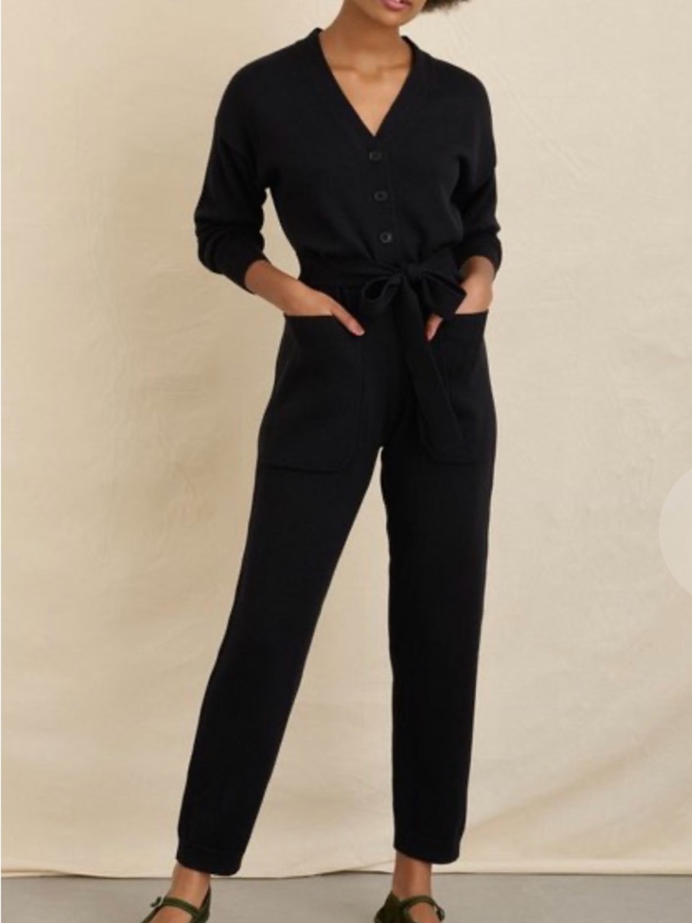 Alex Mill Merino Wool Cotton Blend Black Knit Jumpsuit with Tie Waist - Picture 4 of 13